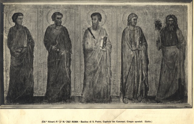 Alinari, Fratelli — Roma - Basilica di S. Pietro, Capitolo dei Canonici. Cinque apostoli. (Giotto.) — particolare, predella, faccia anteriore, scomparto di destra